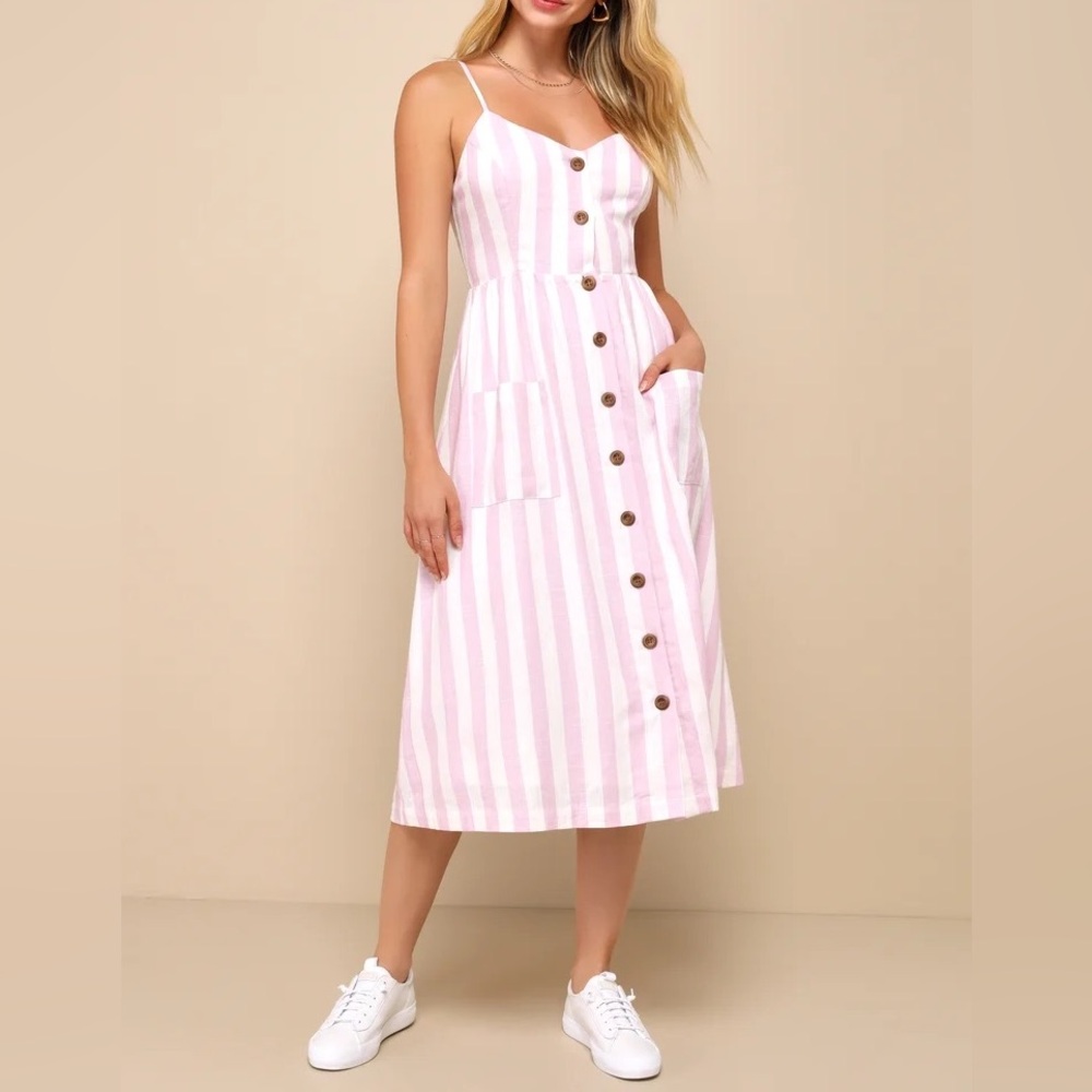 Lulus Mood Pink Striped Linen Midi Dress with Pockets And Buttons